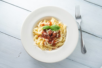 Piatto di pasta con ragu di cinghiale e pecorino, Italian food