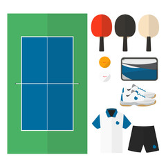 Table tennis things. Top view of court and  male equipments like paddles, balls, shoes and others. Simple flat design style vector.
