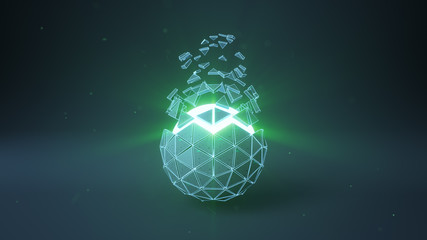 Icosahedron ball shape and teal glowing core 3D render