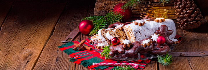 delicious dresdner christ stollen with marzipan and raisins - obrazy, fototapety, plakaty