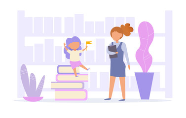 Teacher and student in library Vector. Cartoon. Isolated art
