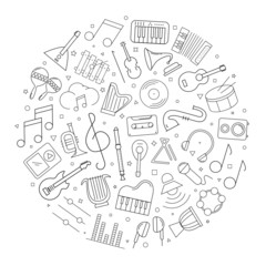 Music circle background from line icon. Linear vector pattern. Vector illustration
