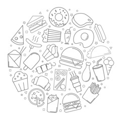 Fast food circle background from line icon. Linear vector pattern. Vector illustration