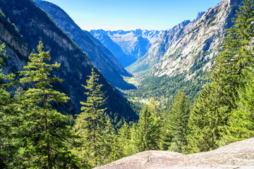 Landscape of alpine valley with coniferous forests and rock faces. Val di Mello, Valtellina, Italian Alps. This valley is famous for sport climbing.