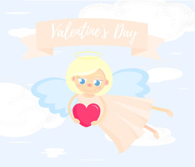 Cute cupid with heart in the sky between the cloud. For a valentine or a card for Valentines Day with text