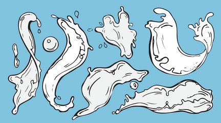Sketch of milk splaches and dropes. Hand drawn white liquid blobs and drops. Drawing drink elements.