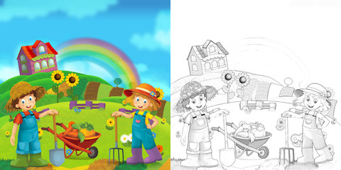 Cartoon scene of couple working on the farm - illustration for children