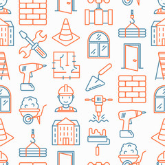 Construction seamless pattern with thin line icons: builder in helmet, work tools, brickwork, floor plan, plumbing, trowel, traffic cone, stepladder, jackhammer, wheelbarrow. Vector illustration.
