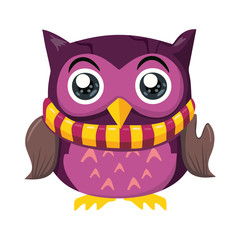 Violet Owl with Scarf Cartoon Character Isolated on White Vector Illustration. Postcard