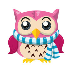 Pink Owl with Scarf Cartoon Character Isolated on White Vector Illustration. Postcard