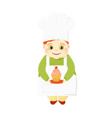 Cook confectioner in uniform holding a cake. Cooking sweets. Dessert recipe. Cute fat chef in a cook hat