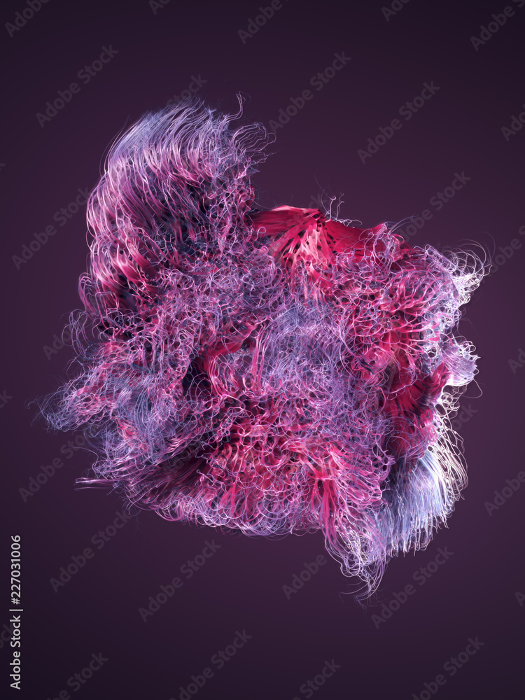Poster Curl noise flow abstract colored lines. 3d rendering