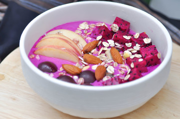 dragon fruit yogurt with apple ,almond and dragon fruit