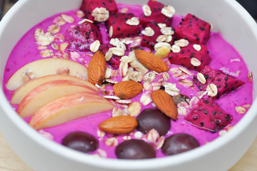 dragon fruit yogurt with apple ,grape and dragon fruit