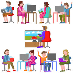 Team of teenagers playing video games and participating in a cybersport tournament. Vector illustration isolated on white background.