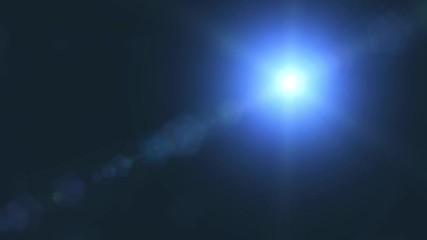 Bright light with lens flare moving. Blue background with spotlight beam.