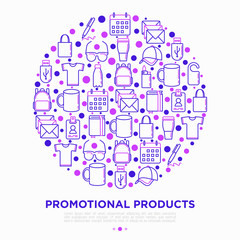 Promotional products concept in circle with thin line icons: notebook, tote bag, sunglasses, t-shirt, water bottle, pen, backpack, cup, hat, travel mug. Vector illustration, print media template.
