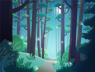 Cartoon forest at night lightened by the moon and the fireflies. Background vector illustration.