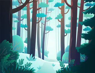 Cartoon forest in winter with snow covered ground and frozen vegetation. Background vector illustration.