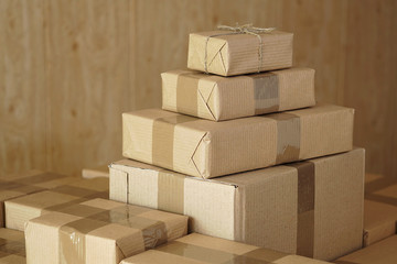 Postal parcels. Сardboard boxes of merchandise for shipment to international destinations