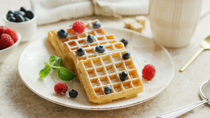 Closeup shot of ceramic plate with tasty soft waffles and ripe berries standing on marble tabletop