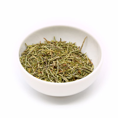 thyme in a ceramic white cup, isolated