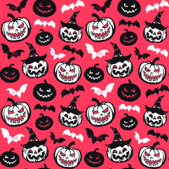 Vector pattern with pumpkins and bats on a pink background.