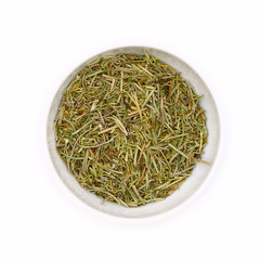 thyme in a ceramic white cup, isolated