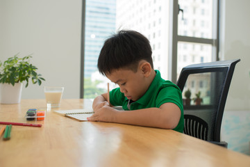 Fototapeta na wymiar Cute smiling boy doing homework, coloring pages, writing and painting . Children paint. Kids draw. Preschooler with books in the library. Colorful pencils and paper on a desk. Creative boy.