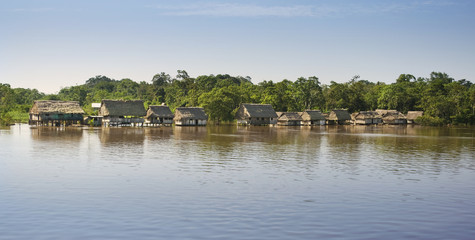 Amazonas landscape. Typical indian tribes settlement in Amazon.