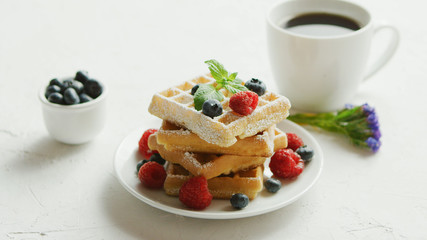 Fresh baked waffles on plate decorated with berries with cup of coffee placed near on white background 