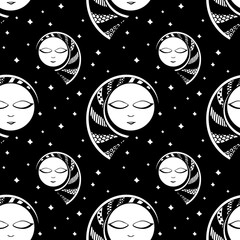 seamless background with moon. black and white. vector.