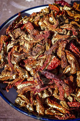 Vertical frame shoot of dried red chili peppers