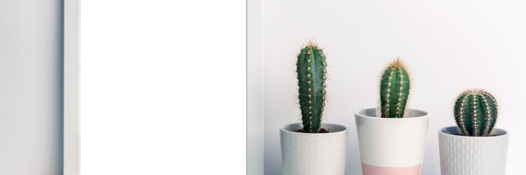 Panoramic photo of a white mockup frame on a background of empty copy space wall with cactuses of a gray flowerpot with a pattern of sweater and one pastel pink terrazzo