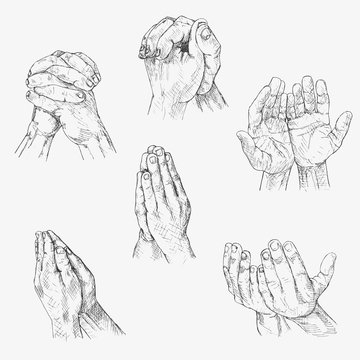 Set of human hands folded in prayer. Hand drawn vector illustration