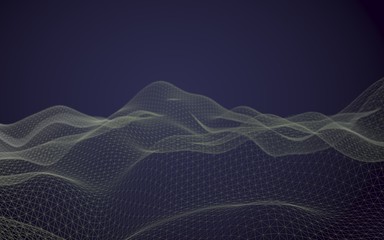 Abstract landscape on a dark background. Cyberspace navy blue grid. Hi-tech network. 3D illustration