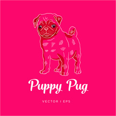 Vector editable colorful image depicting a Pug puppy dog. White outline drawing on a purple background.
