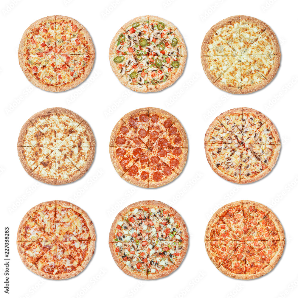 Wall mural different pizza on white background