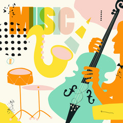 Music colorful background flat vector illustration. Artistic music festival poster, live concert, listening to music, creative design with saxophone, violoncello and cymbals. Party flyer