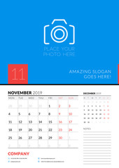 Wall calendar planner template for November 2019. Week starts on Monday. Vector illustration