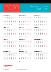 Calendar for 2020 year. Week starts on Monday. Printable vector stationery design template