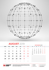 Wall calendar template for August 2019 with abstract geometric background. Week starts on Monday. Vector illustration