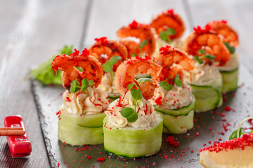 fresh sushi on rustic wooden table