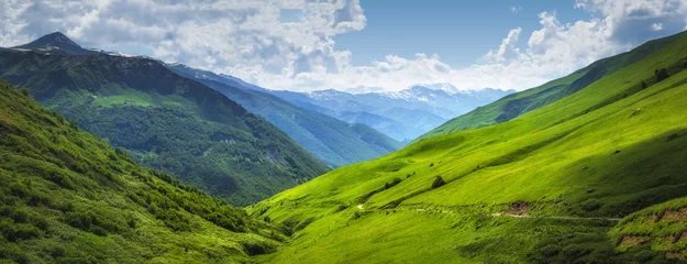 Stof per meter Levendig berglandschap. Groene weiden op de hoge heuvels in Georgië, Svaneti-gebied. Panoramisch uitzicht op met gras begroeide hooglanden op zonnige zomerdag. bergen van de Kaukasus. Idyllische natuur. Alpenvallei © dzmitrock87