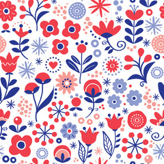 Floral seamless vector pattern - hand drawn vintage Scandinavian style textile design with red and navy blue flowers on white 