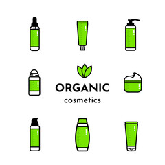 Vector set. Icons of roll-on deodorant, tooth paste, cream, bottle of serum, shampoo, shower gel, liquid soap. Text: Organic cosmetics.  Logo with 3 green leaf. White background. Flat style