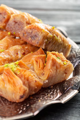 baklava fresh on a plate, baklava served with pistachio