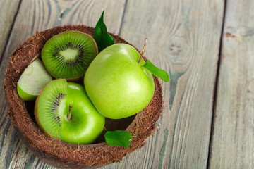 green apple on wooden background
