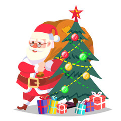 Santa Claus And Christmas Tree Vector. Isolated Illustration
