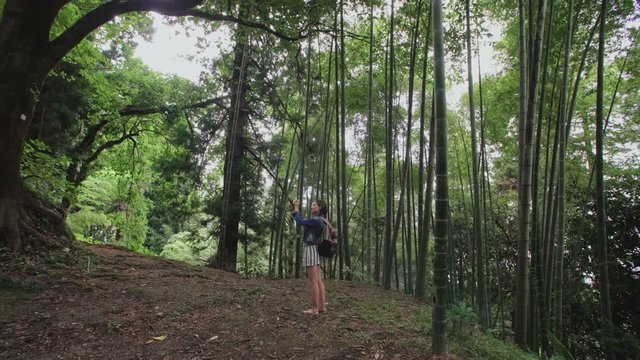 European girl traveler takes photo on smartphone in tropical forest trees bamboo plantation. Botanical Garden of Batumi